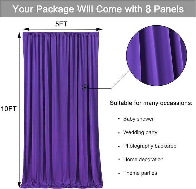 40 ft x 10 ft Wrinkle Free Purple Backdrop Curtain for Parties, 5ft x 10ft 8 Panels Polyester Purple Photo Backdrop Drapes for Wedding Birthday Party Baby Shower Fabric Photo Curtains for Mermaid