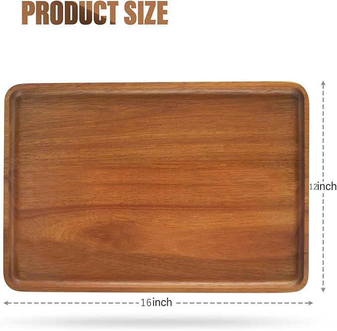 2 PCS Solid Acacia Wood Serving Trays 16 * 12 inch Rectangular Wooden Serving Platters Natural Wooden Boards for Bar Coffee Party