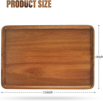 2 PCS Solid Acacia Wood Serving Trays 16 * 12 inch Rectangular Wooden Serving Platters Natural Wooden Boards for Bar Coffee Party