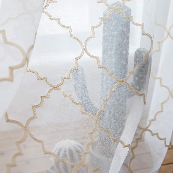 Sheer Curtains Beige 63 Inches, Rod Pocket Voile Drapes for Living room, Bedroom, Embroidered Moroccan Tile Lattice Design Window Semi Crinkle Curtain Panels for Yard, Parlor, Set of 2, 52"x 63".