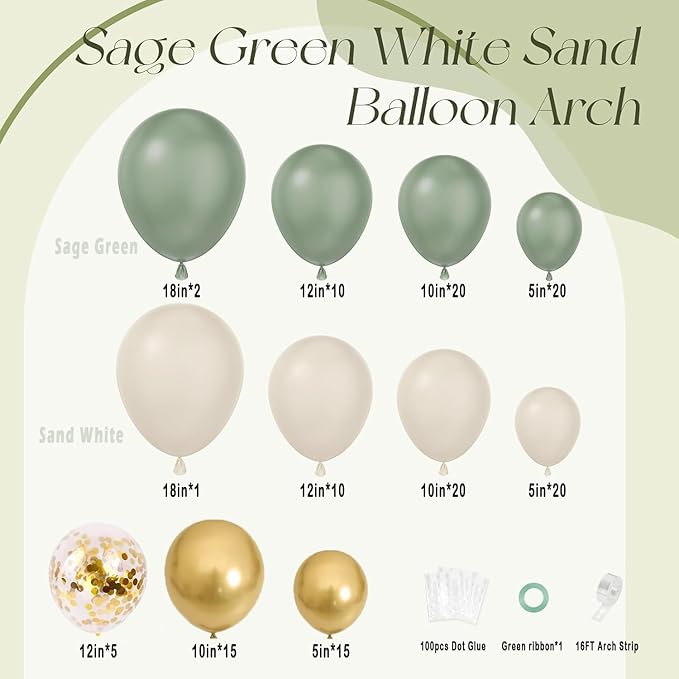 Sage Green Balloon Arch Kit, 141pcs Sage Green Gold Sand White Balloons for Wedding Engagement Anniversary Bridal Shower Baby Shower Birthday Jungle Safari Party Decorations