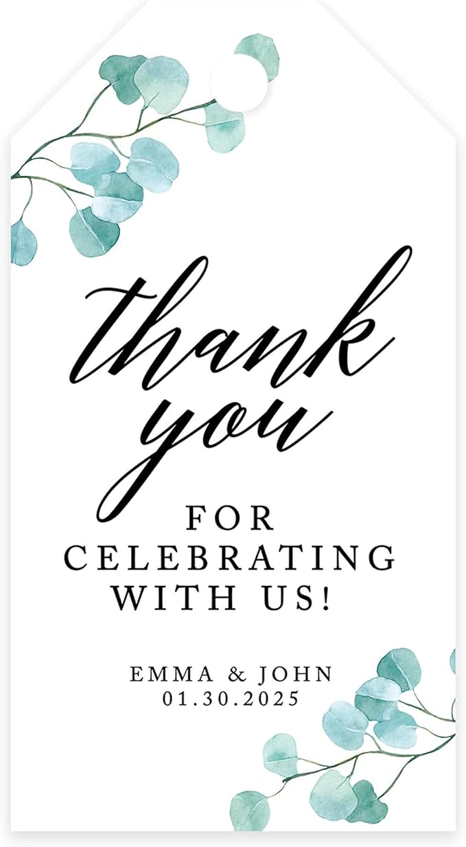 Andaz Press 100-Pack Personalized Thank You for Celebrating with Us Wedding Favor Tags with Bakers Twine Silver Dollar Eucalyptus Custom Cardstock Wedding Gift Tags for Party Favors 2 x 3.75-Inches