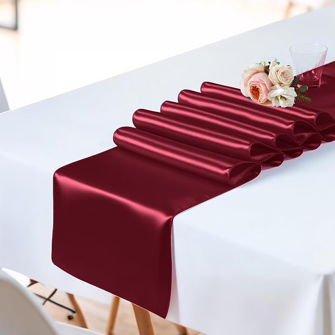 10 Pack Wine Red Satin Table Runner 12x108 Inches Long, Bright Silky Smooth Satin Table Runner Table Decor for Wedding Banquet Christmas Prom Event Birthday Party