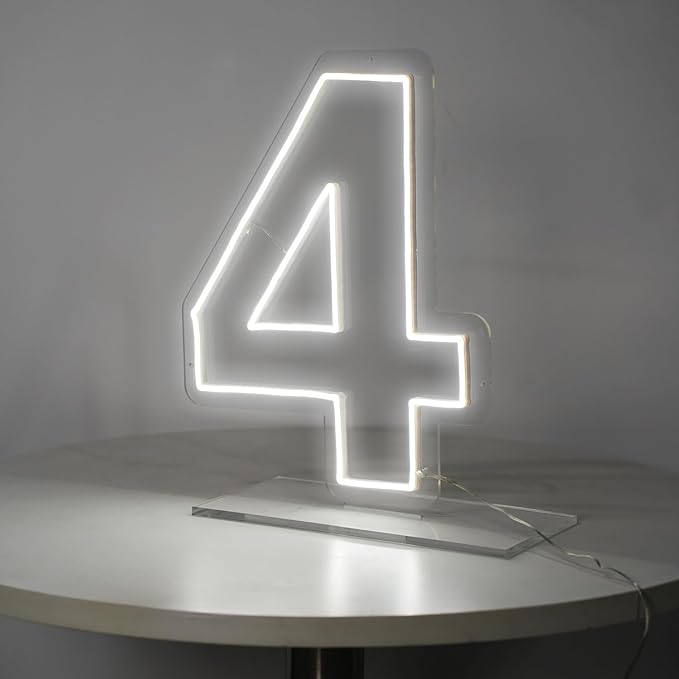 Number 4 Neon Sign for Birthday, 16.54" Cool White USB Battery Powered One Neon Sign for Party Wedding Anniversary Decor Light Sign (Number 4)