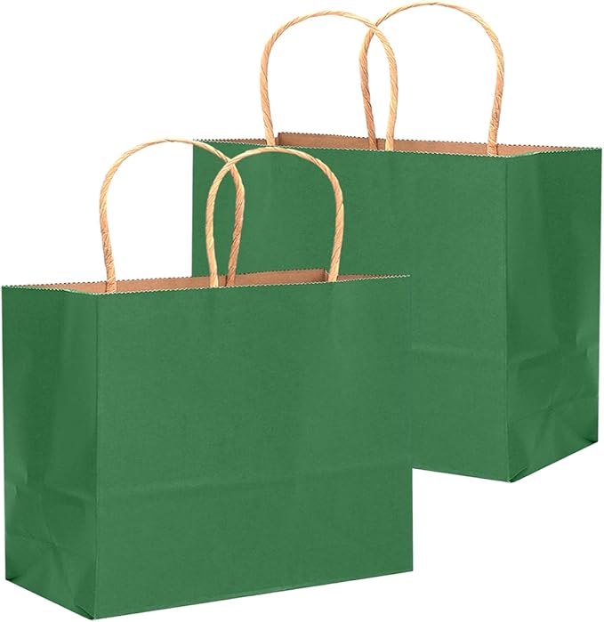 qiqee 100PCS Large Gift Bag with Handles Bulk 13"x4.5"x10" Gift Bags Kraft Deep Green Multiple Uses (32x11x25cm,Wide Large)