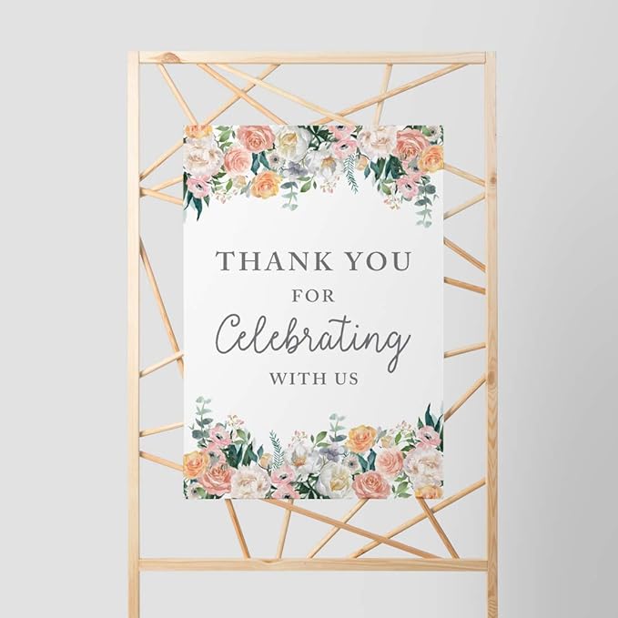 Andaz Press Extra Large Wedding Easel Board Party Sign, 12x18-inch, Peach Coral Floral Flowers Roses on White, Thank You for Celebrating With Us, 1-Pack