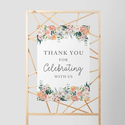 Andaz Press Extra Large Wedding Easel Board Party Sign, 12x18-inch, Peach Coral Floral Flowers Roses on White, Thank You for Celebrating With Us, 1-Pack