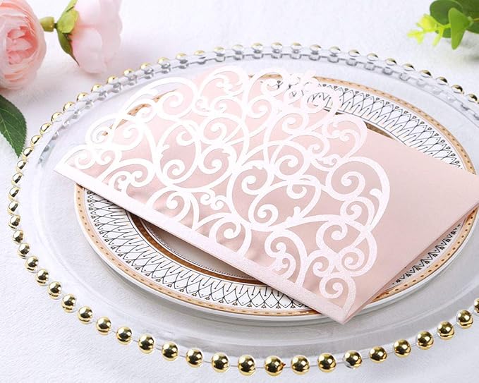 PONATIA 5.12 x 7.2 Inches 20PCS Tri-Fold Laser Cut Wedding Invitation Pocket with Envelopes for Wedding Bridal Shower Engagement Birthday Invite (Blush Pink, 20pcs No Inner Sheet)