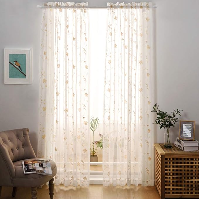 Floral Embroidery Sheer Curtains Beige 95 Inch Length, Rod Pocket Voile Drapes for Living Room, Bedroom, Window Treatments Semi Crinkle Curtain Panels for Yard, Patio, Villa, Set of 2, 52"x 95".