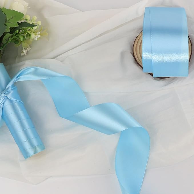 Sky Blue Solid Satin Ribbon 2 Inch 25 Yards Solid Polyester Fabric Ribbon for Gift Wrapping Wedding Christmas Baby Shower Birthday Party Decoration Handmade Immortal Flower Craft