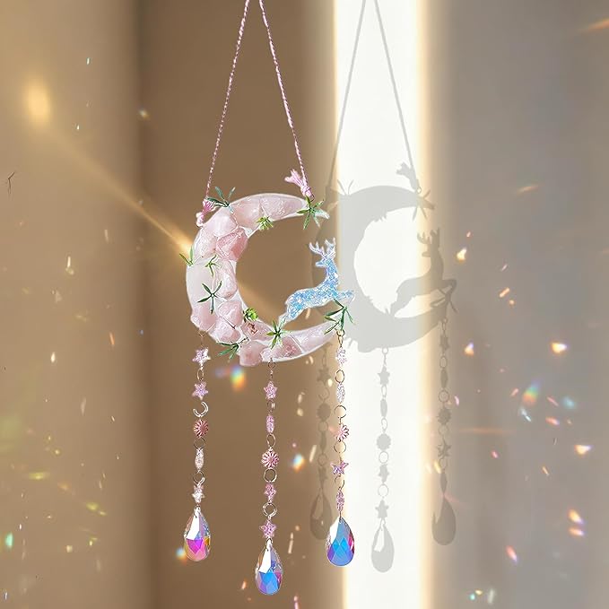 TUOKING Crystal Suncatchers for Window Green Deer Pink Dreamy Crystal Natural Stone Sun Catchers Rainbow Maker Ornament Gift Home Garden Decoration