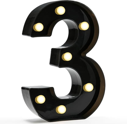 Pooqla Decorative Led Light Up Number Letters, Black Plastic Marquee Number Lights Sign for 3th 13th Birthday Party Wedding Decor Battery Operated Black Decoration 3