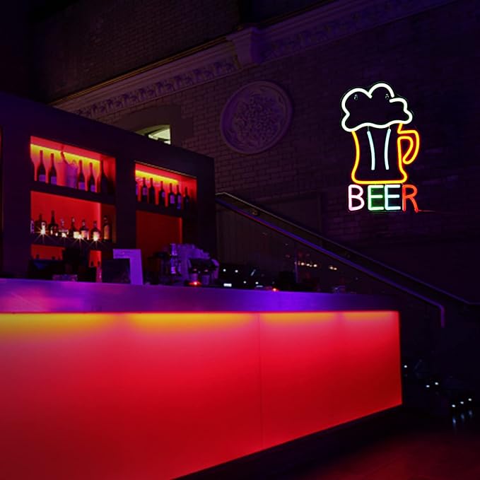 Beer Neon Sign Led Beer Signs Colorful Neon Lights for Wall Decor USB Powered 16.5’’X10.1’’Man Cave Bar Club Birthday Party Decor Kitchen Restaurant Neon Wall Signs