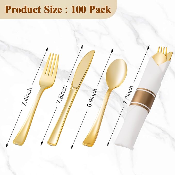 BESTVIP 100 Pack Pre Rolled Gold Plastic Silverware Set, Disposable Wrapped Cutlery Set with 100 Napkins, 100 Knives, 100 Forks and 100 Spoons for Party, Birthday