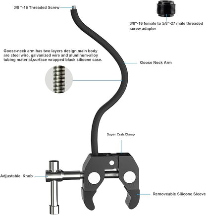 Gooseneck Microphone Stand,19.69" Flexible Adjustable Arm Super Crab Clamp Mic Clip 3/8"-16 to 5/8"-27 Adapter Mount,Compatible with Shure/Fifine / AT2020 / Pyle/Blue Snowball/Razer