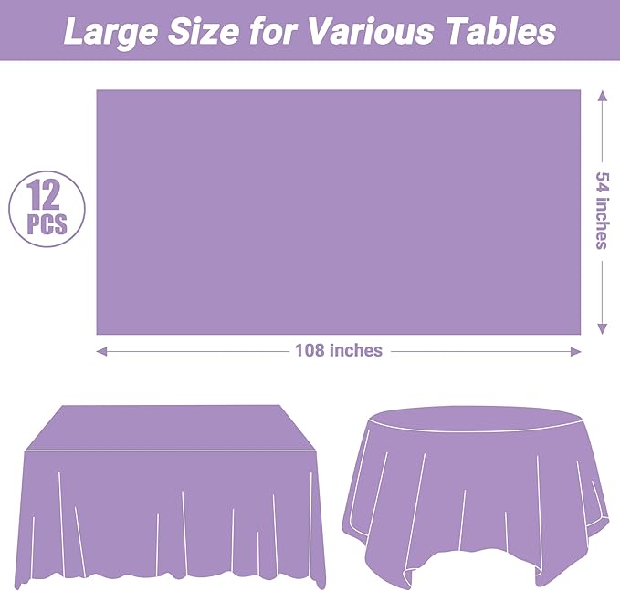 QZYL 12 PCS Lavender Plastic Tablecloths, 54 in x 108 in Dinner Table Cloths, Rectangle Table Cover for Birthday Party Family Gathering Wedding