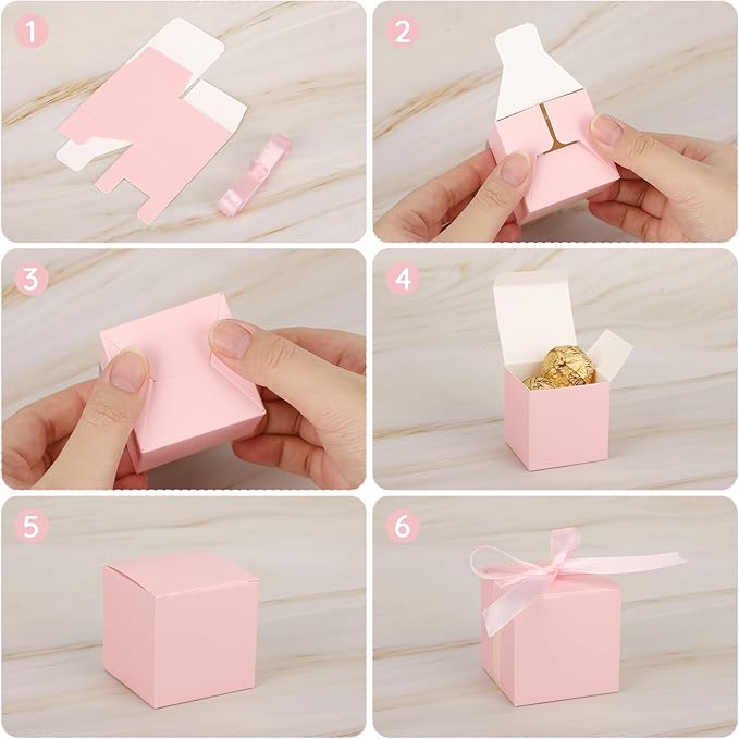 EUSOAR Candy Boxes Party Favors, 120pcs 2x2x2 Inches Pink Favor Boxes Candy Gift Box with Ribbon, Mini Bakery Cookies Box Square Paper Chocolate Containers for Wedding Anniversary Party Favor