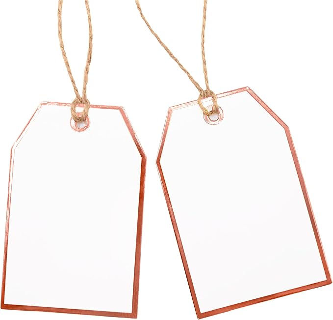 100Pcs Blank Gift Tags with String Attached Foil Rose Gold Frame Large White Paper Gift Tags Presents with 65 Ft Jute Twine for Birthday Wedding Baby Shower Graduation Gift Wrap Tag