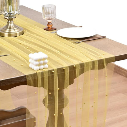 Joanlody Fall Pearl Table Runner 10ft Rustic Boho Tulle Table Runner with Pearls for Baby Shower Wedding Party Veil Dessert Thanksgiving Table Decor Yellow