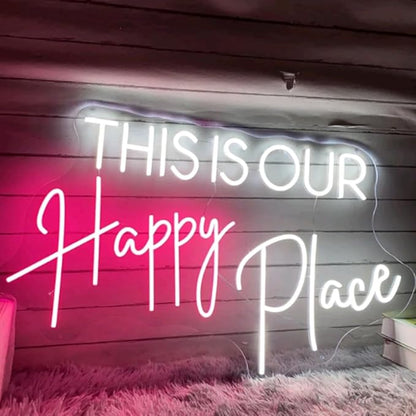 This Is Our Happy Place Neon Sign Custom Bedroom LED Neon Light Home Living Room Salon Wall Decor Wedding Party Decoration Personalized Gift USB Size:20x12inch