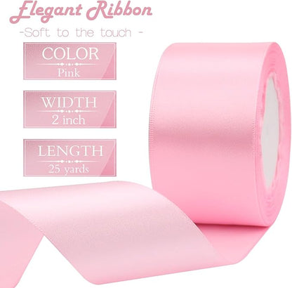 Pink Solid Satin Ribbon 2 Inch 25 Yards Solid Polyester Fabric Ribbon for Gift Wrapping Wedding Christmas Baby Shower Birthday Party Decoration Handmade Immortal Flower Craft