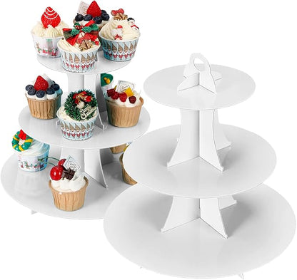 2Pcs 3-Tier Cupcake Stand, Cake Stand holder, Tiered DIY Cupcake Stand Tower for Dessert Table Displays, Birthday Theme Party Favors Decoration, Floral Tea Party, 12" W x 12.8" H, White