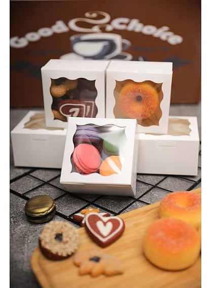 Bakepacker White Bakery Boxes with Window - 4x4x2.5 inches Small Size Pastry & Mini Cookie Boxes for Bakeries - Thick & Sturdy (100 Packs)