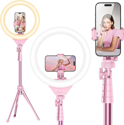 UBeesize 12'' Selfie Ring Light with 62’’ Tripod Stand for Video Recording, Live Streaming(YouTube, Instagram, TIK Tok), Compatible with Phones, Cameras and Webcams Pink