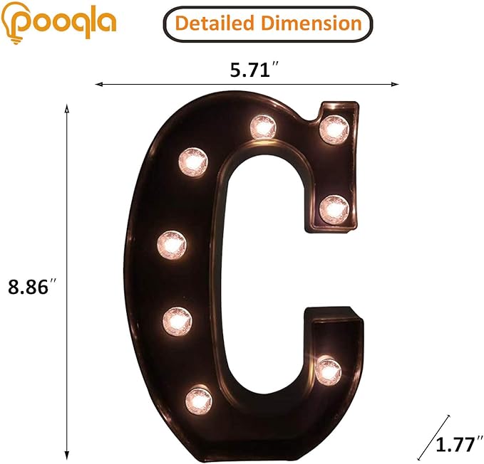 Pooqla Decorative LEDs Illuminated Letter Marquee Sign - Alphabet Marquee Letters with Lights for Wedding Birthday Party Christmas Night Lights Lamp Home Bar Decoration C, Black