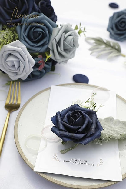 Floroom Artificial Flowers 25pcs Real Looking Blue Ombre Colors Foam Fake Roses with Stems for DIY Wedding Bouquets Bridal Shower Centerpieces Floral Arrangements Party Tables Home Decorations