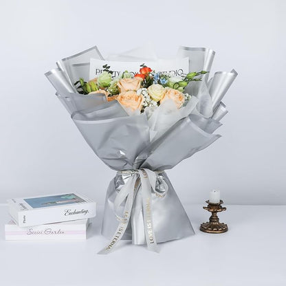 NESCCI 20 Sheet Flower Wrapping Paper - Waterproof Floral Bouquet Wrapping Paper, Florist Supplies Packaging Paper for Wedding Birthday Gift DIY (Translucent Silver)
