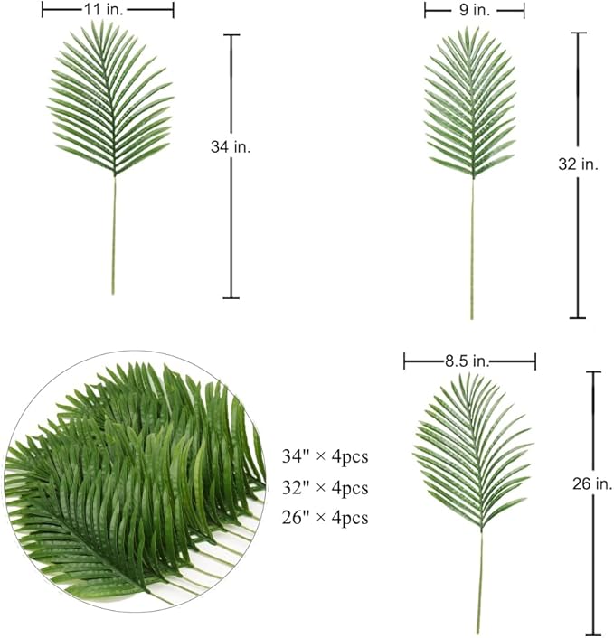 DILATATA 12 pcs Artificial Palm Leaves, 3 Sizes: Large 34''(L), Medium 30''(L), Small 25''(L), Bendable Stems, Glossy Finish, for Home Decor, Event Styling