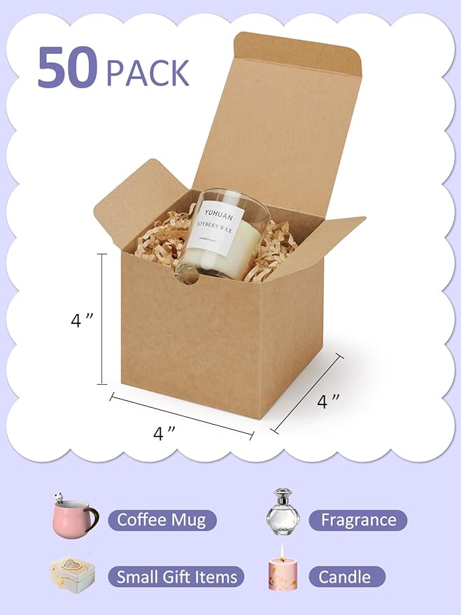 Eupako Gift Boxes 4x4x4 50 Pack Brown Kraft Paper Box with Lids Party Favor Boxes for Bridesmaids Proposal, Crafting, Cupcake, Wedding, Christmas