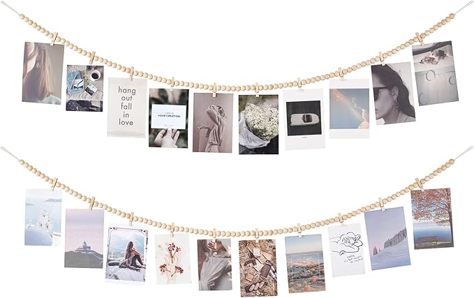 Mkono Hanging Photo Display with Clips, Boho Wooden Bead Garland Banner, Collage Card Picture Kids Art Holder String with 10 Clips for Christmas Bedroom Dorm Decor, Teen Girl Gifts, Brown, 2 Pack