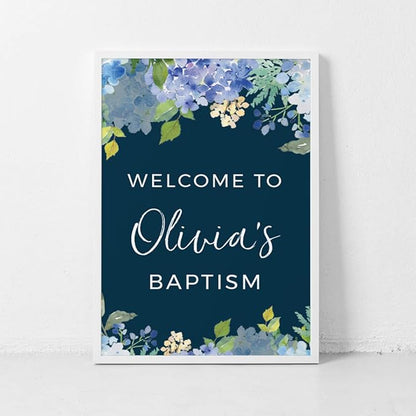 Andaz Press Personalized Extra Large Wedding Easel Board Party Sign, 12x18-inch, Baby Blue Hydrangea Floral Flowers on Navy Blue, Your Text Here, 1-Pack, Custom