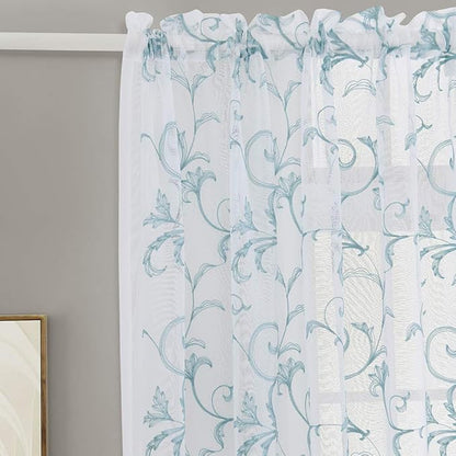 Embroidered Floral Sheer Curtains Blue 63 Inch , Rod Pocket Voile Drapes for Living room, Bedroom, Vintage Embroidery Semi Crinkle Curtain Panels for Yard, Patio, Villa, Parlor, Set of 2, 52"x 63".