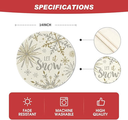 Artoid Mode Beige Snowflake Let It Snow Winter Placemats Set of 6, 14 Inch Seasonal Christmas Xmas Round Table Mats for Dining Decoration