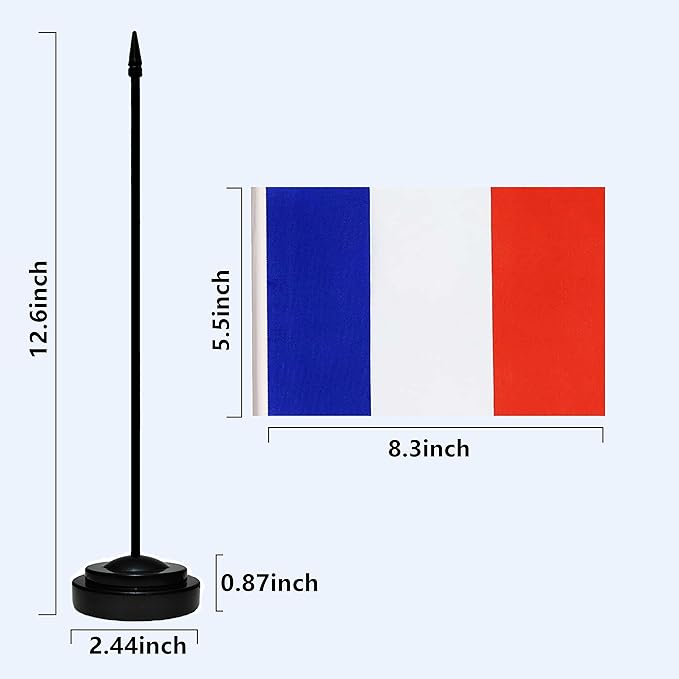 France French Deluxe Desk Flag Set, Small Mini Miniature France French Table Desktop Flags With Solid Pole, Black Base and Spear Top(2 Pack)