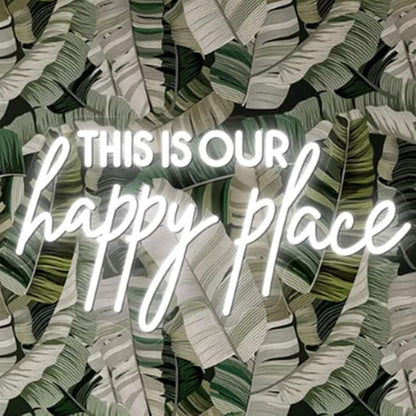 This Is Our Happy Place Neon Sign, Custom Bedroom LED Neon Light Home Bedroom Salon Wall Decor Personalized Gift Wedding Party Decoration USB Size:20x11inch