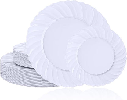U-QE 60 Pcs White Plastic Plates for Party – Scalloped Plastic Plates Heavy Duty & Elegant – Include 30 10.25" Dinner & 30 7.25" Dessert Plate - Perfect for Weddings, Bridal Showers and Parties