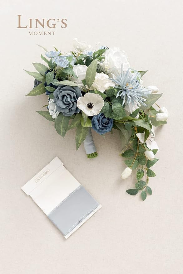 Ling's moment Dusty Blue Bridal Bouquet Cascading, Wedding Bouquets for Bride, 15 Inch Bride Bouquets for Wedding Artificial Flowers Bouquets