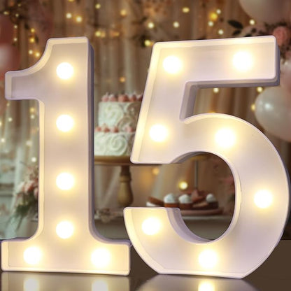 Pooqla Decorative LED Light Up Number Letters, White Plastic Marquee Lights Sign for Birthday Party Wedding Decor, Battery Operated (15)