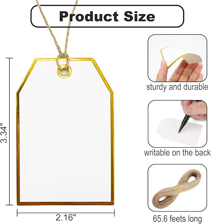 100Pcs Gold Gift Tags with String Attached Foil Gold Frame Large White Paper Gift Tags Presents with 65 Ft Jute Twine for Christmas Holiday Baby Shower Wedding Birthday Gift Wrap Tags