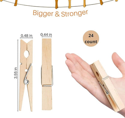 Wood Clothes Pin,Natural Birchwood Clothespins,Strong Grip,Heavy Duty Outdoor Clothes Clips for Hanging Clothes, Art, Crafts, Photo Displays,3.55 Inch,Pack of 24