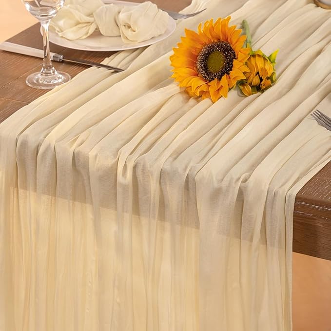 Beige Cheesecloth Table Runner Fall Table Runner 120 Inches Boho Gauze Cream Cheese Cloth Fall Table Decorations for Thanksgiving Wedding Bridal Baby Shower Garden Party Decor