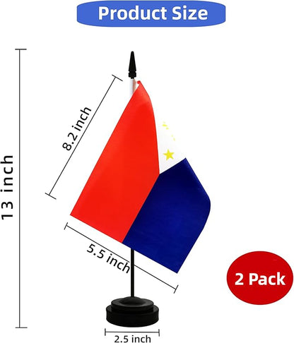 2 Pack Philippines Desk Flag, Filipino Table Office Flag with Solid Pole and Stand Base, International Country Flag, Festival Celebration, Classroom Meeting Desktop Decoration (Philippines)