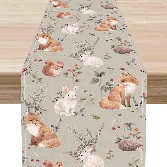 Rustic Forest Table Runner, Farmhouse Wild Woodland Animals Country Deer Fox Rabbits Watercolor Table Center Decor for Home Kitchen Dining Patio Holiday Party Outdoor Table Decorations, 13"x108" Inch