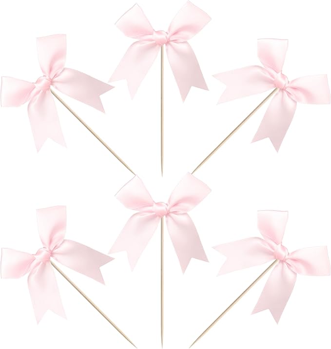 24 PCS Bow Cupcake Toppers Bowknot Coquette Bow Girls Birthday Cake Decorations Bow Cake Toppers Bowknot Cupcake Picks for Baby Shower Birthday Wedding Bridal Engagement Party Supplies Pink