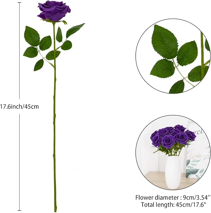 Artificial Rose 10pcs Open Flower Bouquet Faux Rose Stems for Wedding Arrangement, Bridal Bouquet, Centerpiece, Fake Faux Silk Flowers (Purple)