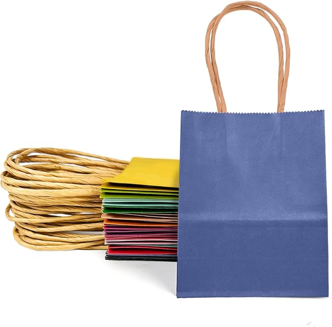 qiqee 32 Pcs Mini Paper Gift Bags with Handles 6"x4.5"x2.5" Small Brown Kraft Party Favor Bags 16 Different Senior Color Rainbow Treat Bags Multiple Uses (Mini size)